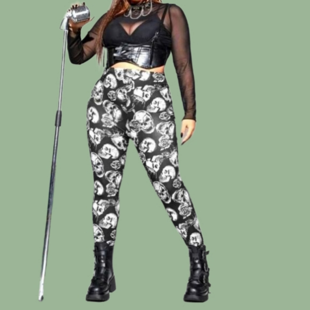 Womens Skull Head Plus Size Printed Leggings sz